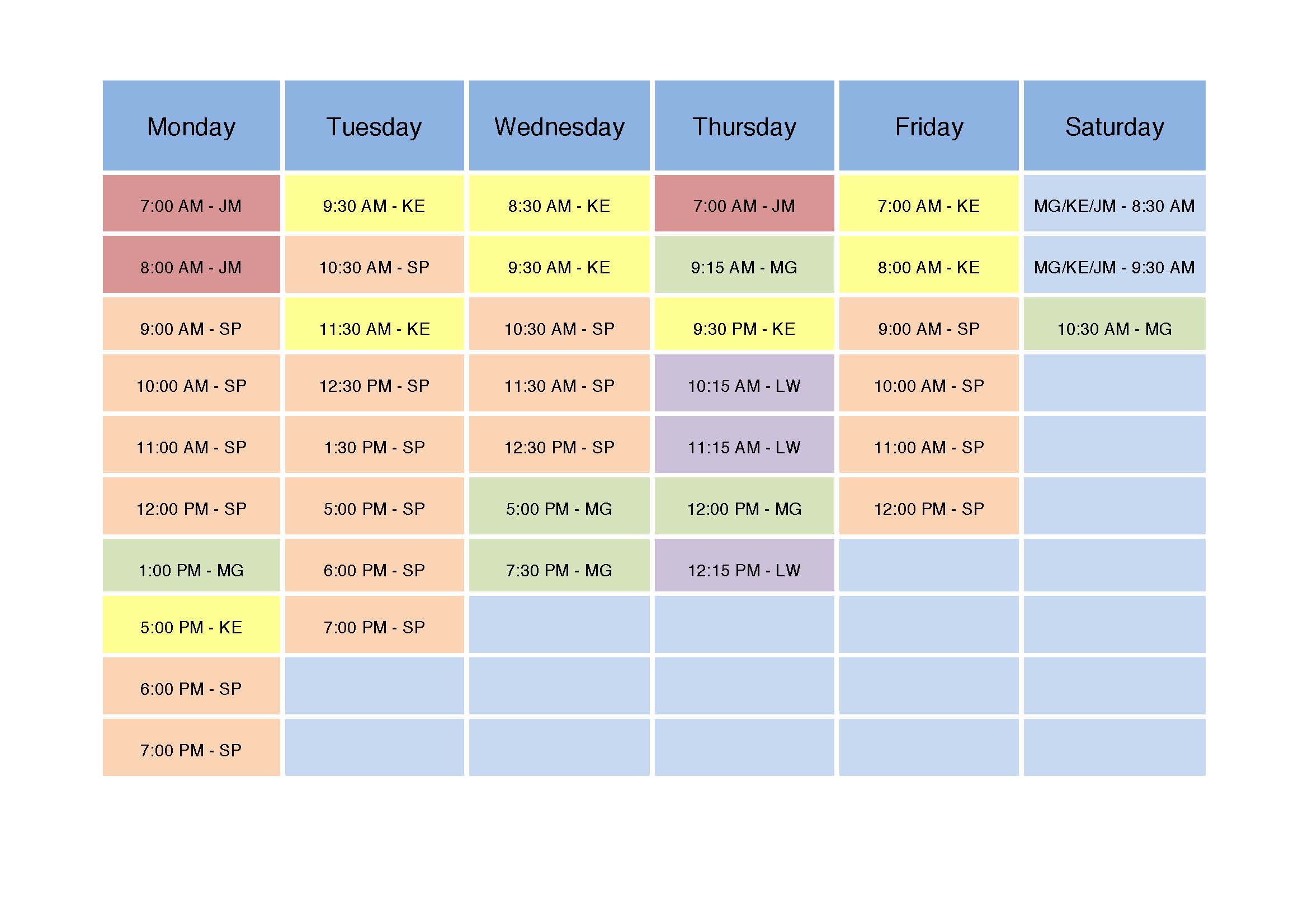 Pilates Timetable Updated